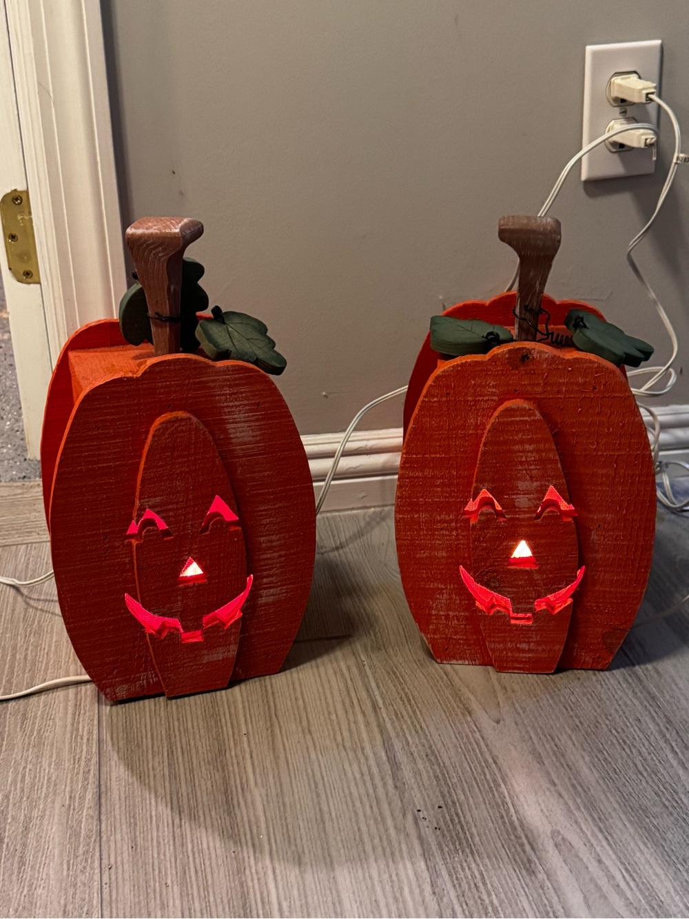 Halloween decoration:  12” H Lighted Wooden Orange Pumpkin /Jack-O'-Lanterns